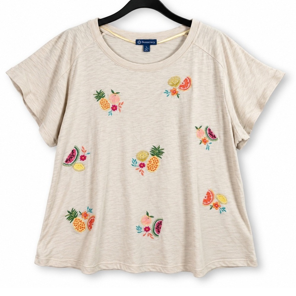 Democracy Fruit‎ Embroidered Top Womens 3X Beige Tropical Cotton Cottagecore Tee